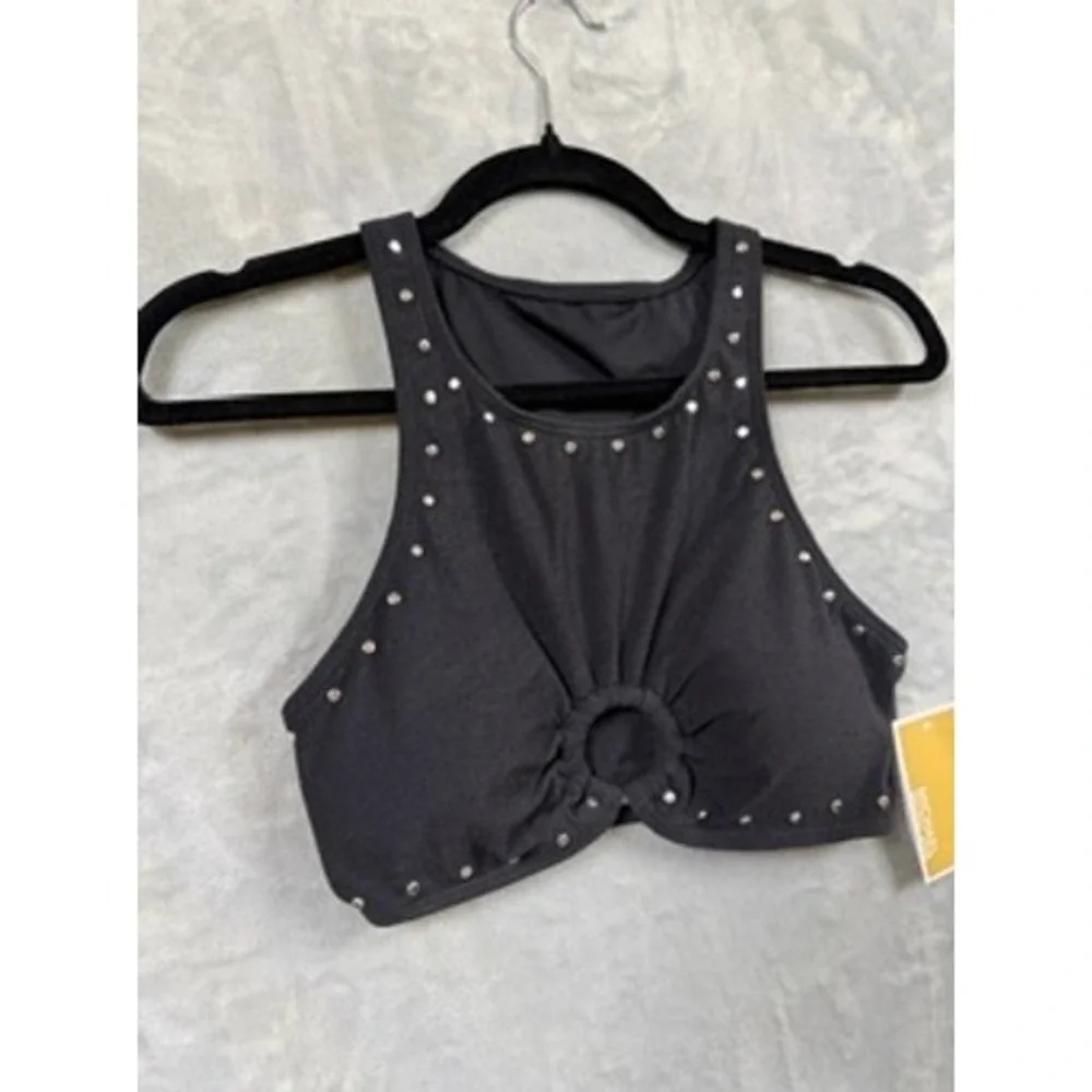 NWT Michael Kors Bikini Top Womens Black Studded O-Ring High Neck Crepe S $100